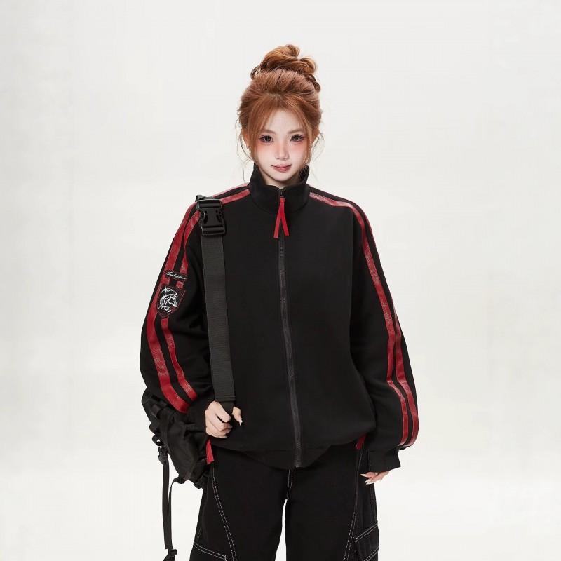 Y2K Vintage Striped Patchwork Jacket Women Stand Collar Streetwear Casual Retro Outerwear