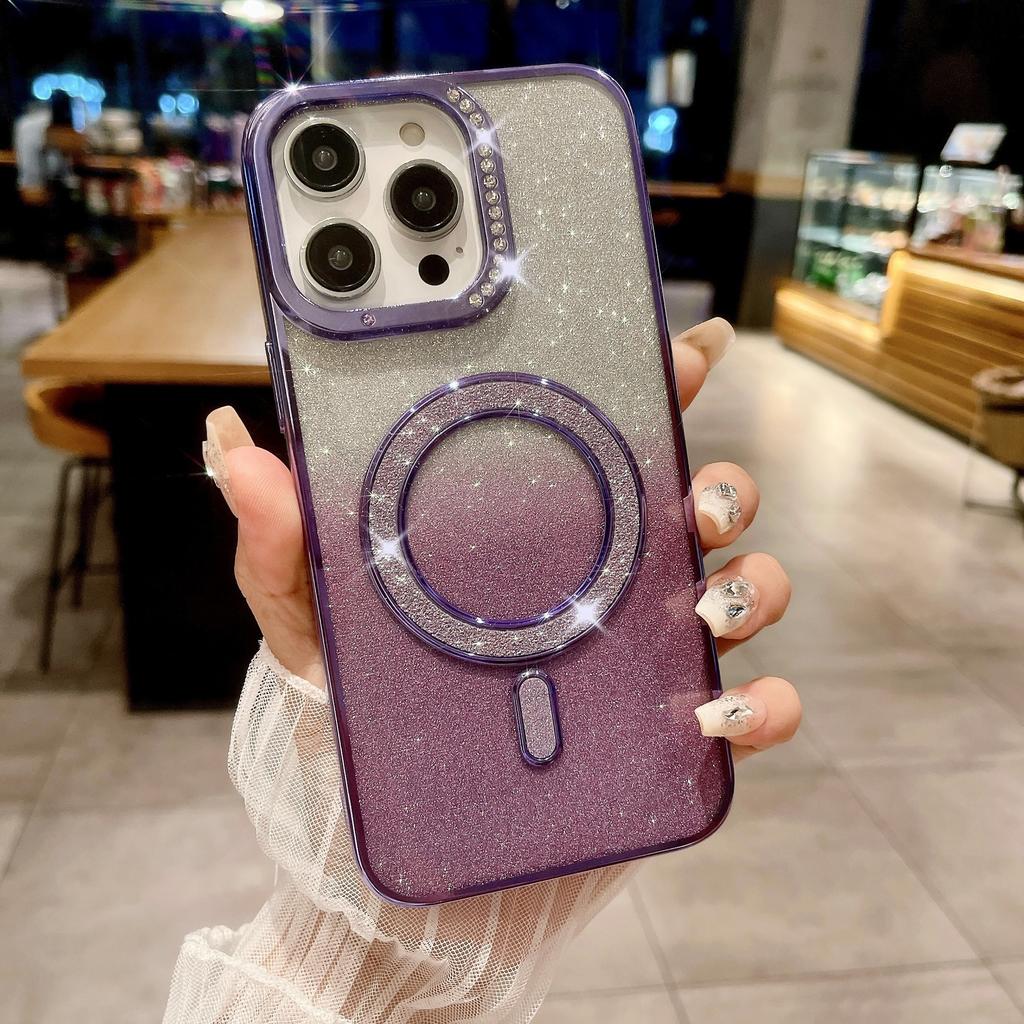 Подходит для IPhone16Pro Гальванизированный Водяной Бриллиант Чехол для Телефона, Apple 15 Инкрустированный Бриллиантами Блестящий 14 Магнитная Зарядка Защитный Чехол
