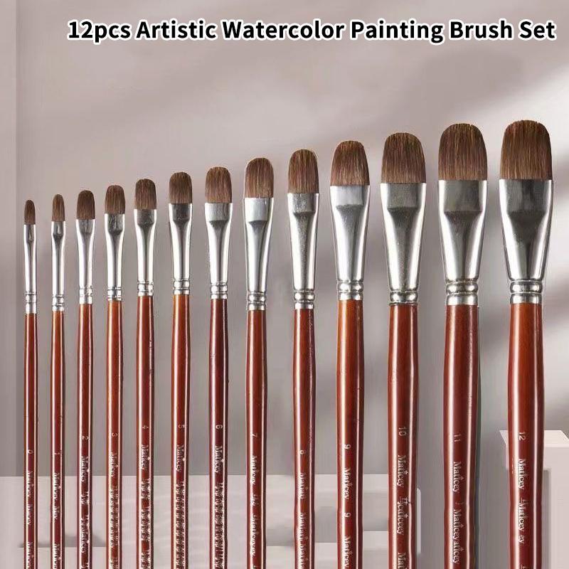 12Pcs/Set High-Grade Weasel Hair Oil Painting Brush Hazel Shap Row Pen Long Birch Rod Acrylic Drawing Art Supplies Artist Supply