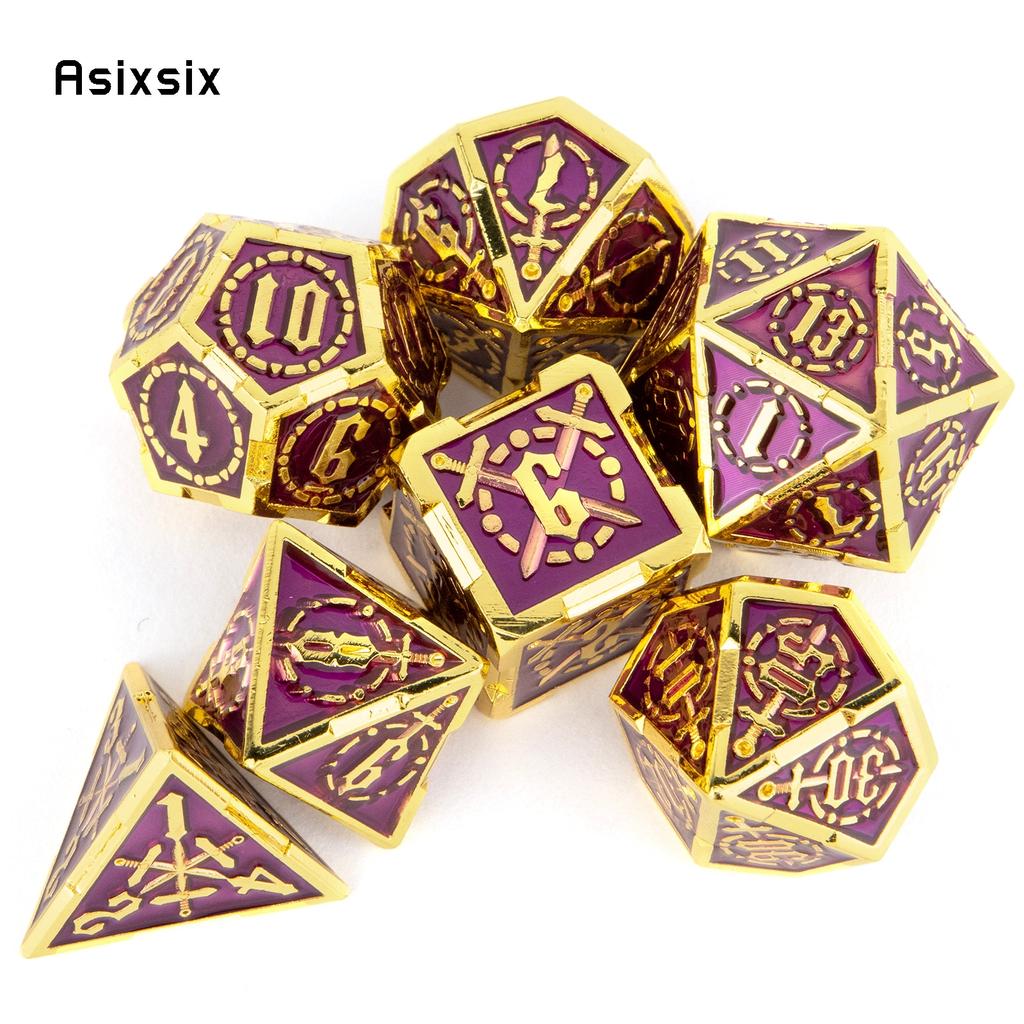 7 Pcs Golden Purple Double Swords Metal Dice Solid Polyhedral Dice Set Suitable for Role-Playing RPG DND Pathfinder Board Game