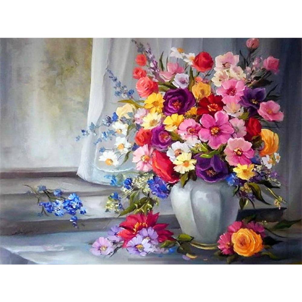 5D DIY Алмазная картина Цветочная мозаика Окно Полный дрель Алмазная вышивка Ремесленный комплект Изображение Горный хрусталь Домашний декор
