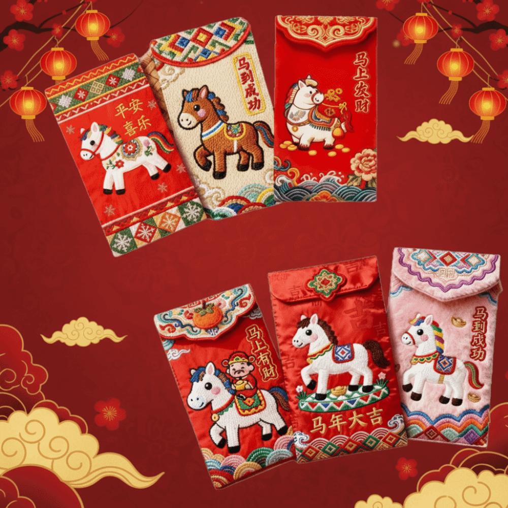 Cartoon Horse Year Money Envelope Flat Embroidery Style Money Bag  Chinese New Year