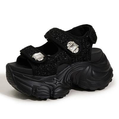 Модные женские сандалии на толстом каблуке 9 см, летние дышащие шлепанцы слипоны на липучке, кожаные пляжные сандалии с блестящими бриллиантами, повседневная обувь