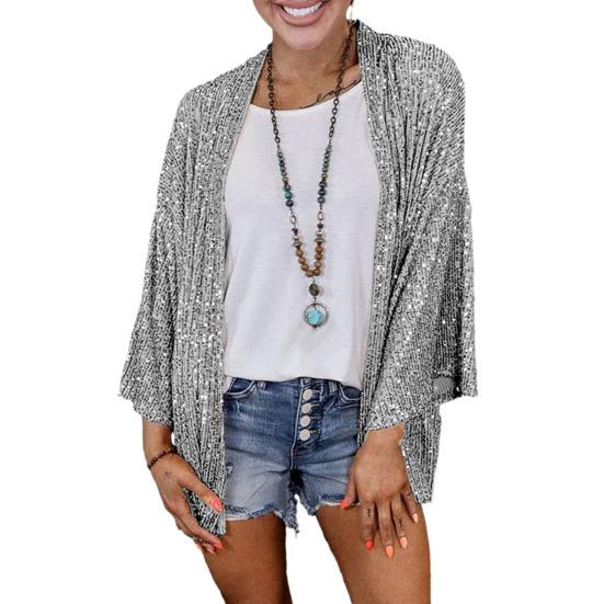 Женский осенне-зимний свободный кардиган, пальто с открытой передней частью и длинными рукавами, блестящая верхняя одежда с блестками, вечерние блестящая шаль, куртка