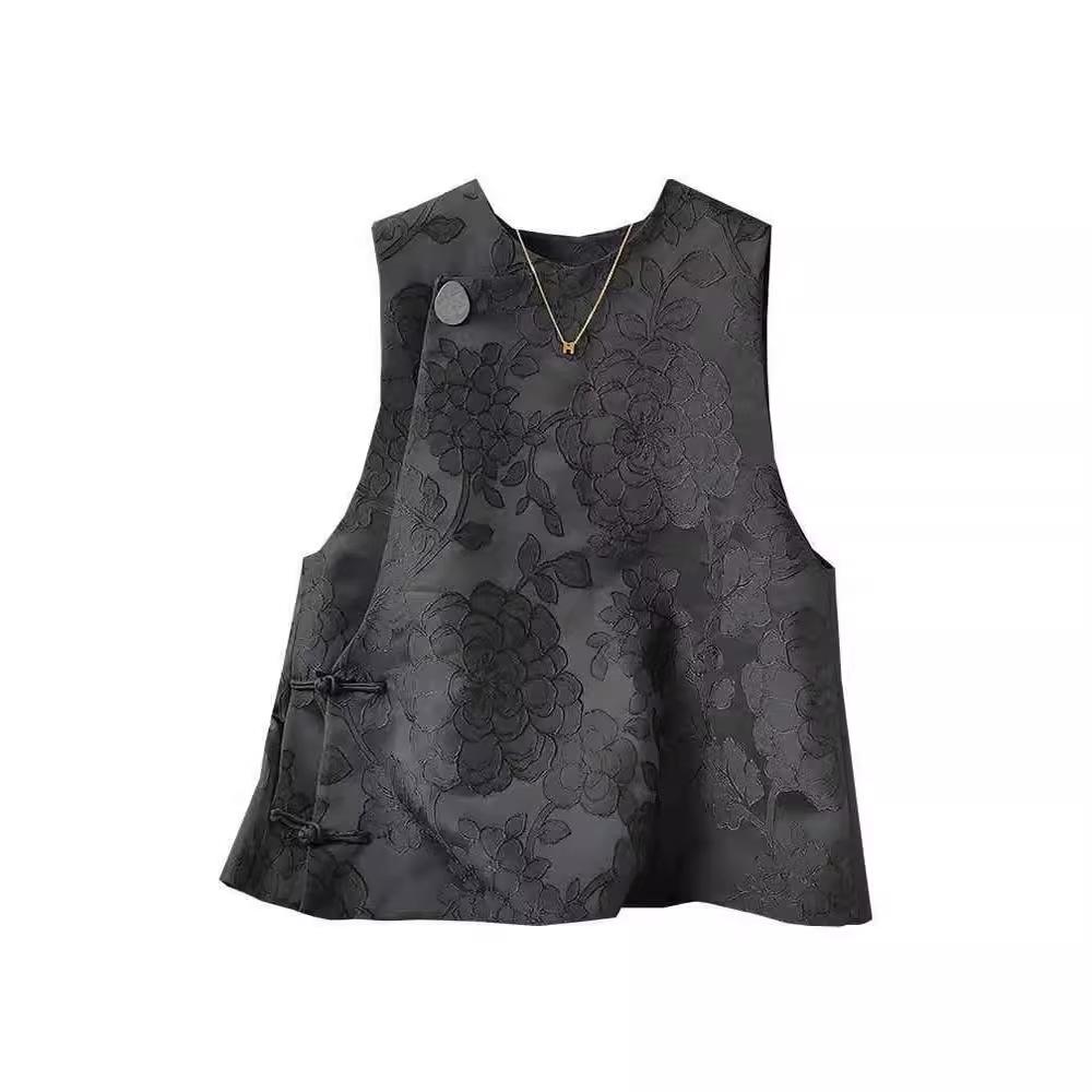 Весенний ретро черный жаккардовый китайский жилет с застежкой-лягушкой для женщин