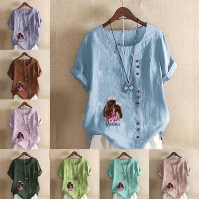 Женская модная футболка с круглым вырезом и короткими рукавами с принтом для девочек, повседневная хлопково-льняная рубашка с рисунком, свободная летняя блузка для отдыха, топы