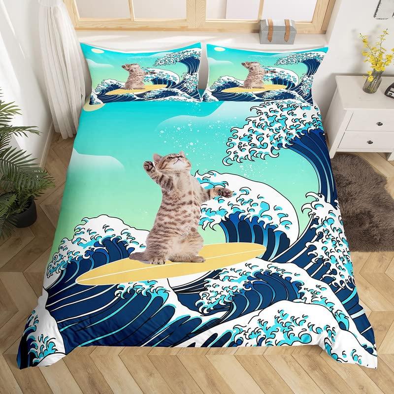 Cat Duvet Cover Set Watercolor Whale Fishing Bedding Set Ocean Sea Wave Comforter Cover Marine Nautical Themed Bedspread Cover