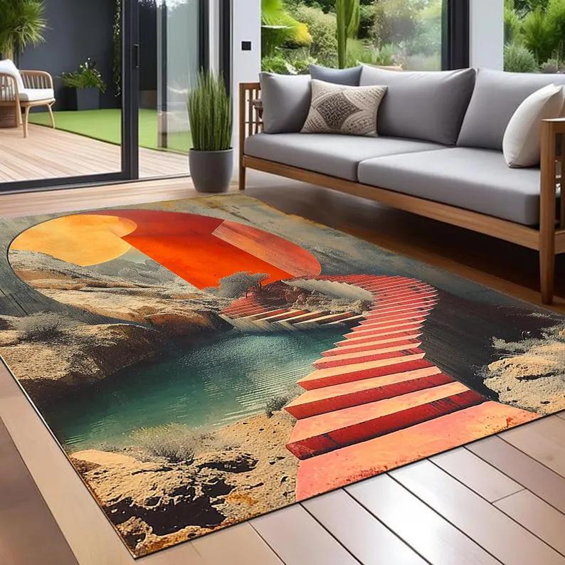 70s Retro Burnt Orange Carpet Earthy Brown and Cream Geometric Mid Century Modern Indoor Outdoor Patio and Porch Decor Area Rug