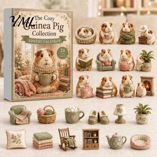 Cute Animal Trinkets Christmas Advent Calendar with 24 Guinea Pig, Garden Theme Holiday Desk Accessories Figurines, Decorative Healing Ornaments