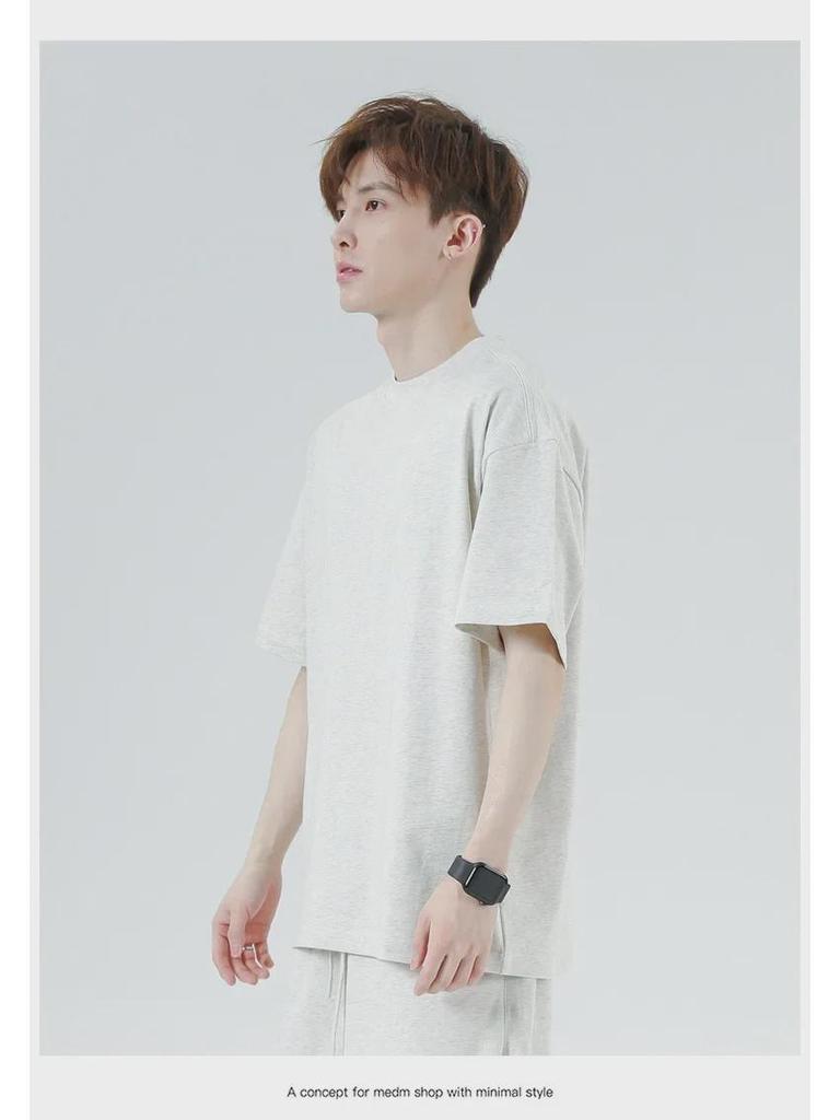 Мужская футболка High Street Trendy из японского плотного хлопка, 275 г, короткие рукава, свободный крой, небольшой воротник, однотонный цвет.