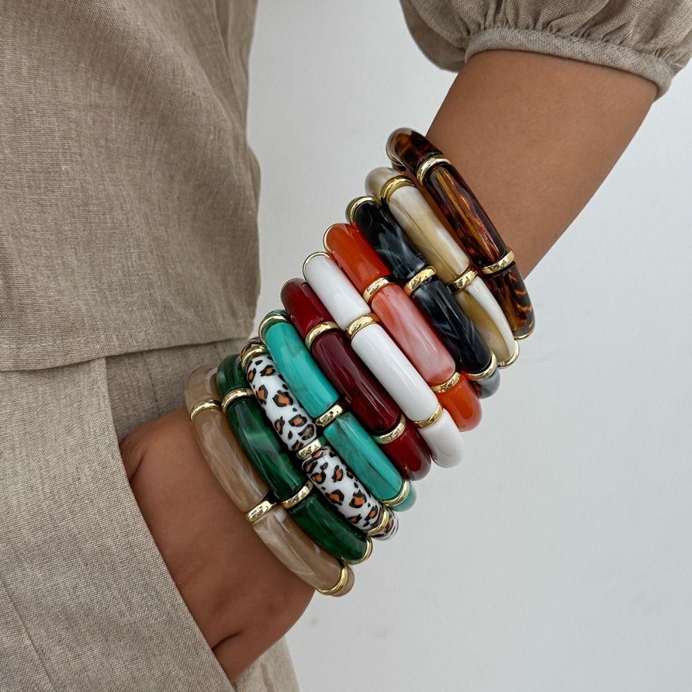 Acrylic Boho Bracelets Leopard Print Curved Tube Bangle Fashion Acrylic Bracelets  Lady Gifts