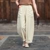 Johnature Women Vintage Harem Pants Solid Color Patchwork Pockets Trousers Elastic Waist Loose Pants