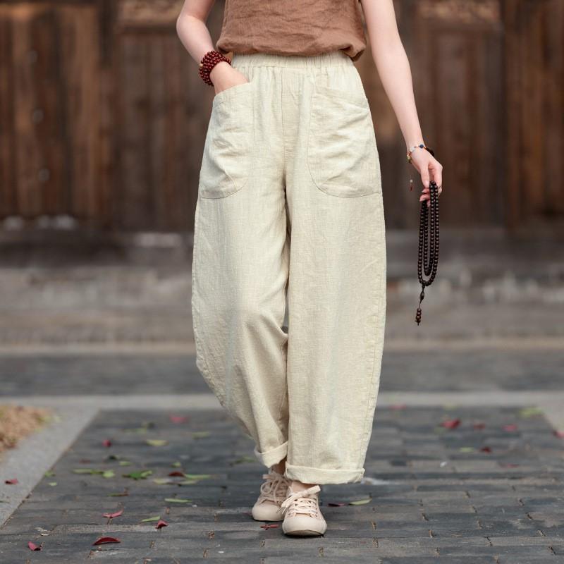 Johnature Women Vintage Harem Pants Solid Color Patchwork Pockets Trousers Elastic Waist Loose Pants