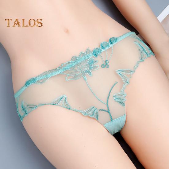 Women's Sexy Lace Thongs See Through Mesh Sheer Panties Floral Embroidered Low-Waist Underwear Ultra-Thin Ladies Briefs