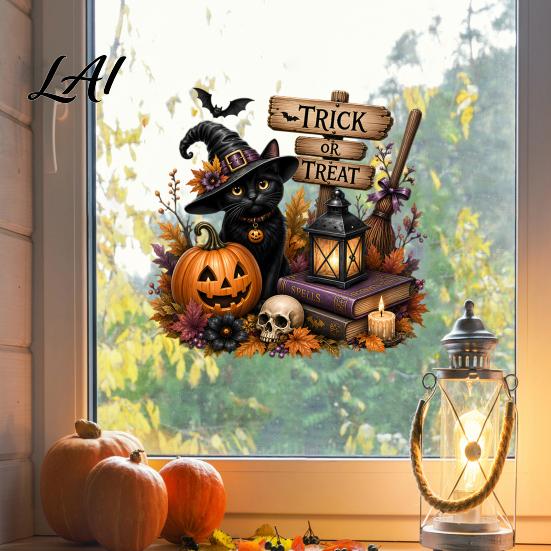 Static Cling Decals Halloween Witch/Black Cat Glass Stickers Double-sided PVC Waterproof Window Clings Removable Shop Display Stickers with Pumpkins