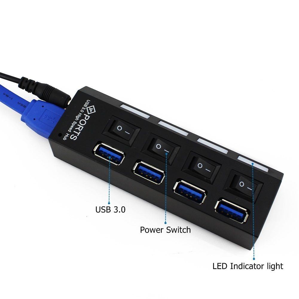 Sync Data Converter Splitter 5Gbps High Speed 4/7 Port USB 3.0 Hub AC Power Adapter on/Off Switches