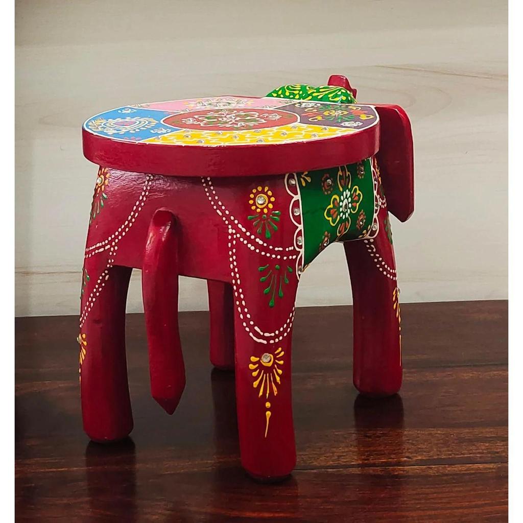 Wooden Painting Decorative Rajastani Painted Elephant Stool Home Decorative Items Showpiece(8 Inch) (Maroon)
