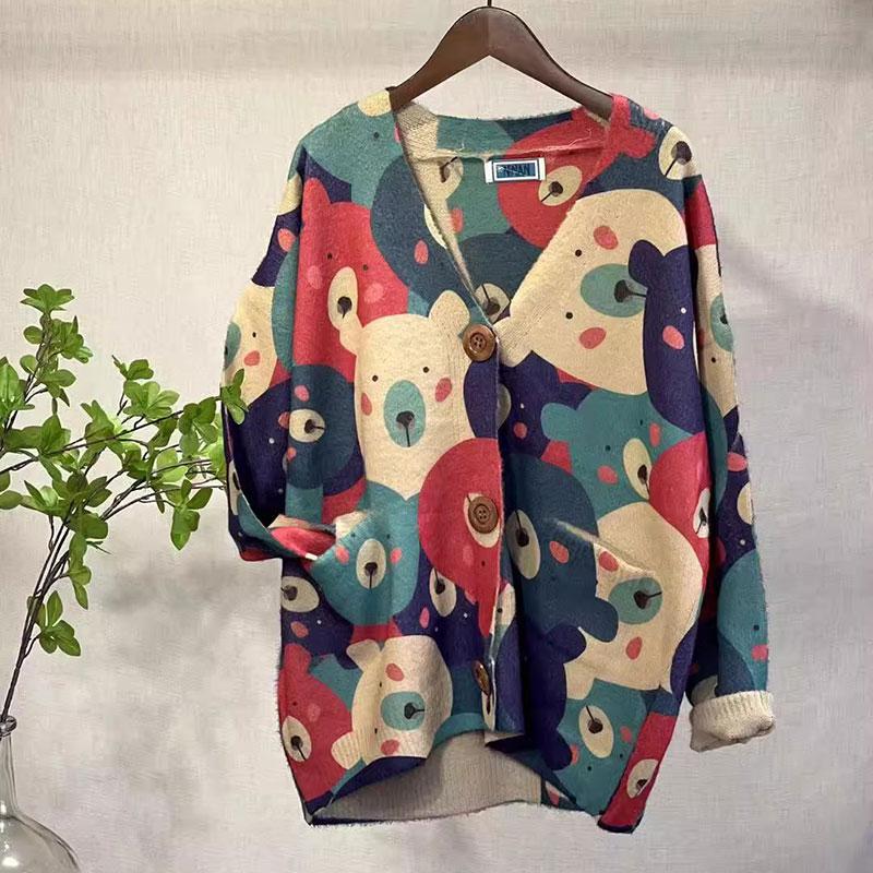 DIMANAF Новинка 2023 года, осенние свитера больших размеров, кардиган большого размера, женские свитера с цветочным принтом и мультяшным принтом, вязаный свободный свитер