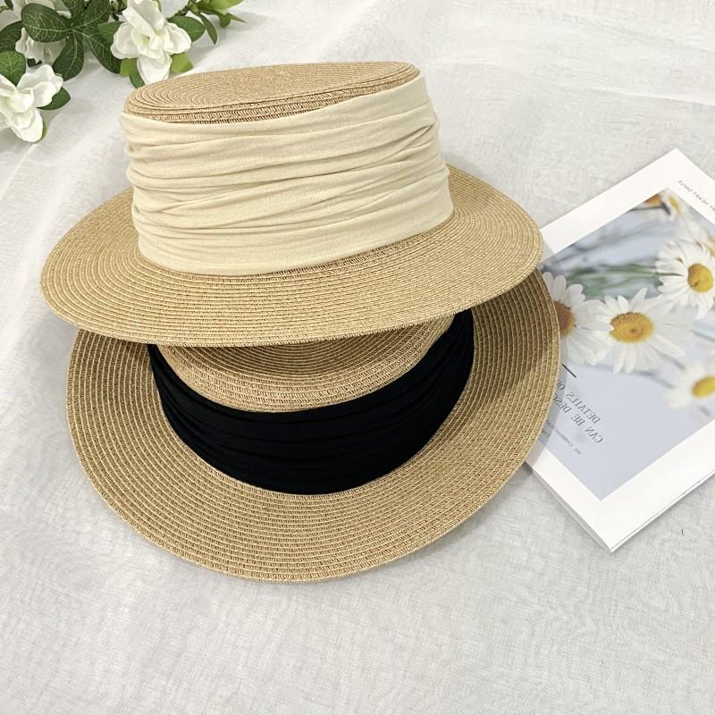 British retro straw hat women's summer casual sunshade sunscreen hat short brim pleated straw top hat flat top sun hat