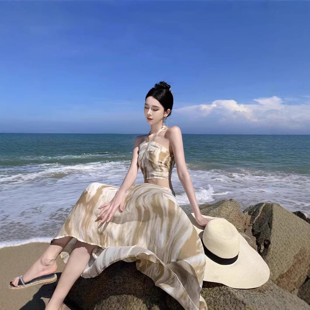 Летний высококлассный перерыв на кофе Французский приморский отпуск сексуальное длинное платье черная трубка на бретельках модный комплект из двух предметов