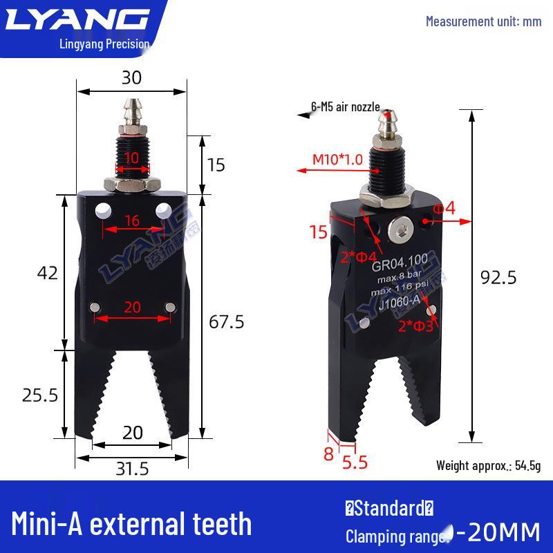 Pneumatic Mini Grippers: A/B/C/E Robot Arm Clamps for Injection Molding (J1060/J1080).