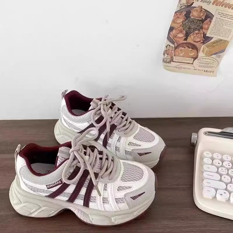 2025 Spring New Popular Thick-soled Heightened Mesh Dad Shoes Women's Color Matching Lace-up Versatile Sports and Leisure Shoes
