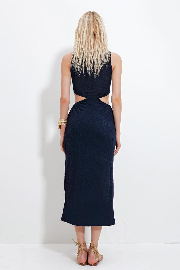 Women's Dress New Season Fashion Dark Navy Blue Outcut Self-Textured Midi Length Dress