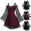 Women Dress Lace Patchwork Butterfly Sleeve Halloween Large Hem Low Cut Eyelets Dress for Halloween