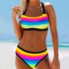 2 Pcs/Set Women Bikini Set Colorful Stripe Print U Neck Contrast Color Swimming Suit Water Sports Clothes