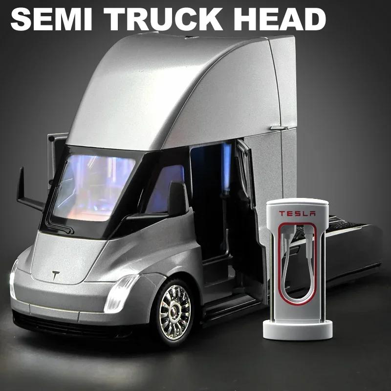 1/24 Scale Tesla Semi Truck Trailer Metal Alloy Diecast Truck Trailer Model Sound & Light Collection Car Model Toy Gift with Boys C325