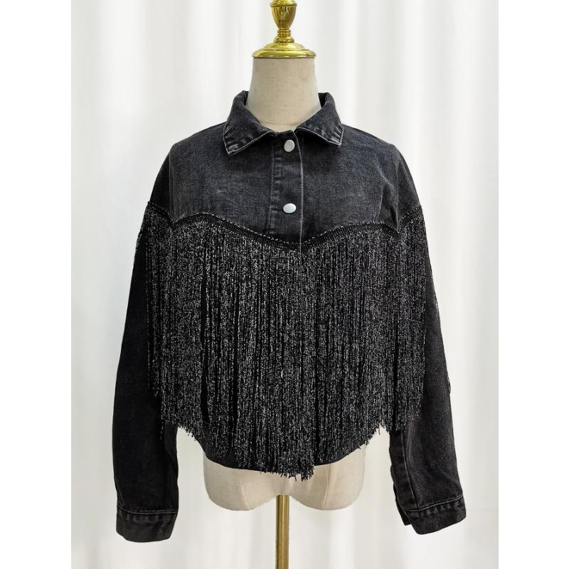 Весенне-осенняя джинсовая куртка женская модная куртка с лацканами и бахромой