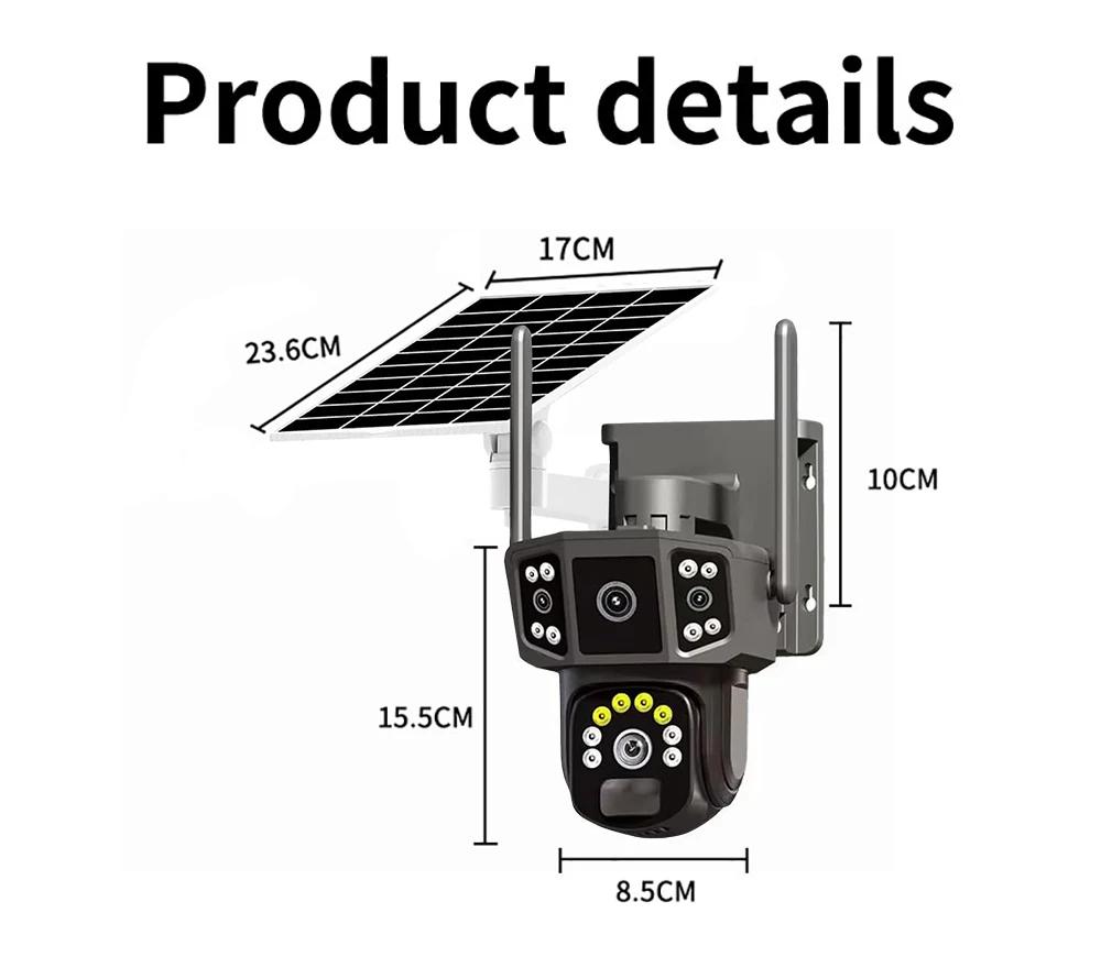 4K 8MP HD Dual Lens 4G SIM Solar Camera PTZ Auto Tracking Three Screens Outdoor Security Surveillance WIFI CCTV IP Cameras V380 APP