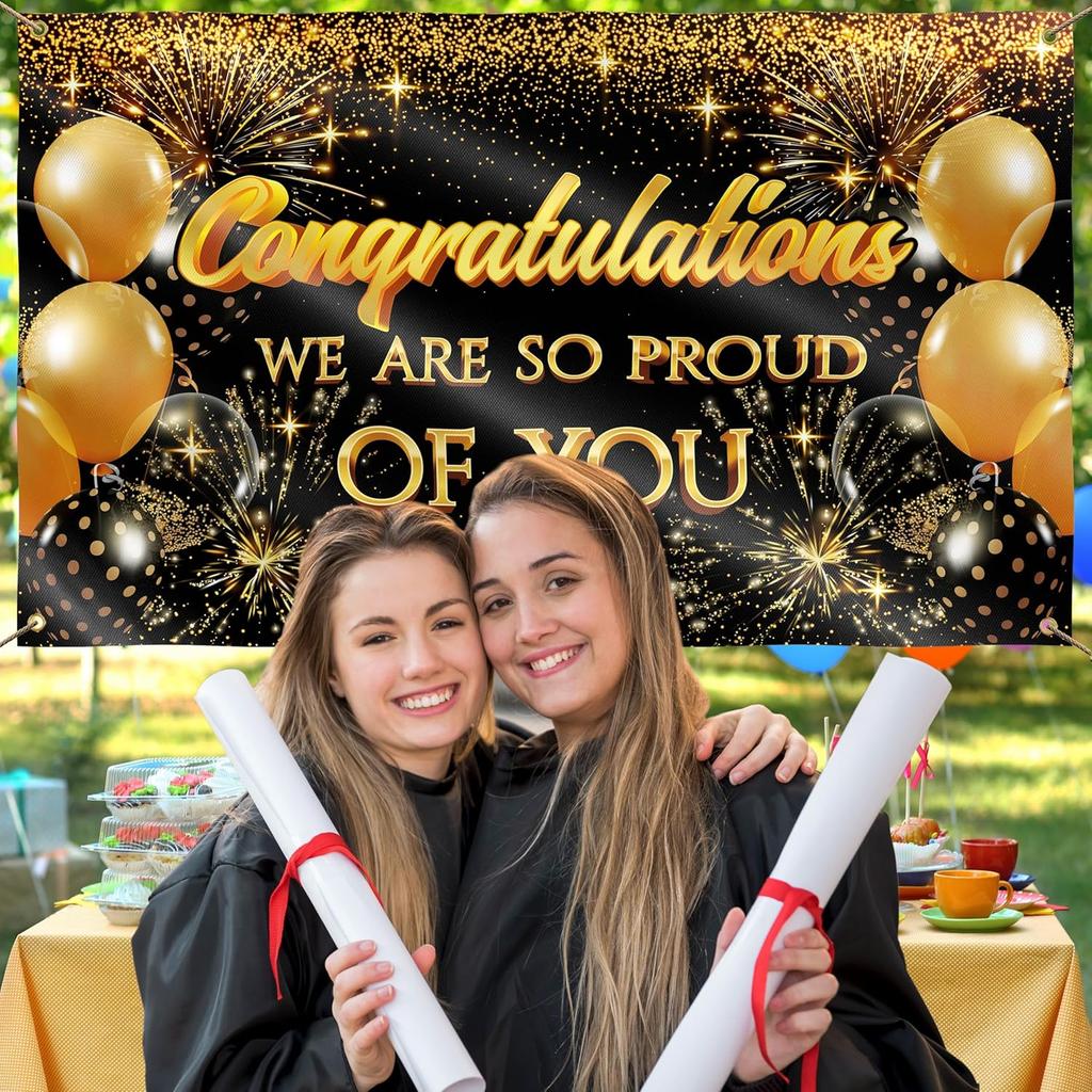 Congratulations Banner for Prom - Congratulations Decorations - Well Done - We Are So Proud of You - 5x3ft (Black and Gold)