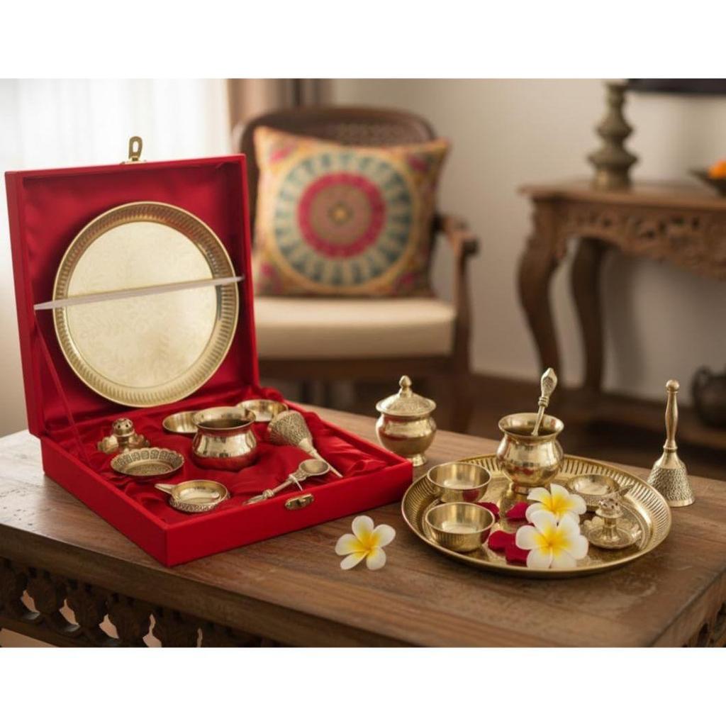 Pure Brass Pooja Thali Set 9 Pieces | 20.32 cm