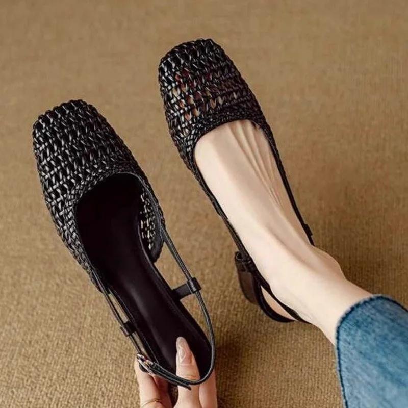 Fashion French Shallow Women's Sandals Summer New Mesh Hole Office Career Shoes Hollow Buckle Strap Roman Mid Thick Heel Sandalias