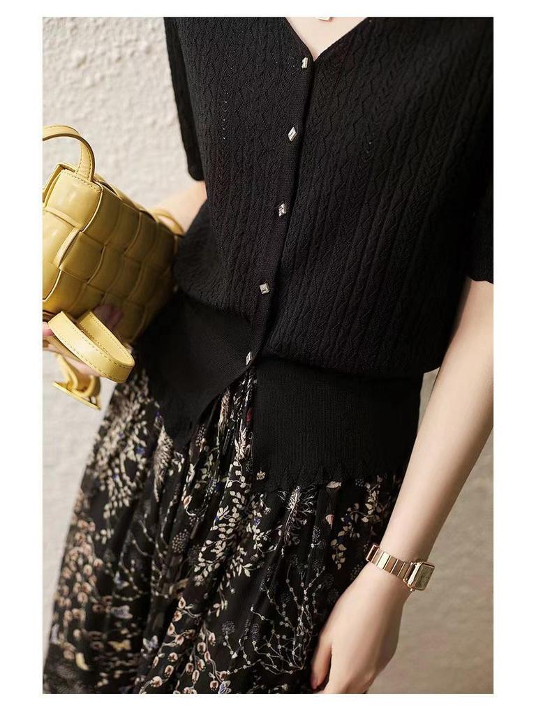 Женский комплект кардигана и юбки из ледяного шелка - Летний комплект с коротким рукавом свободного кроя