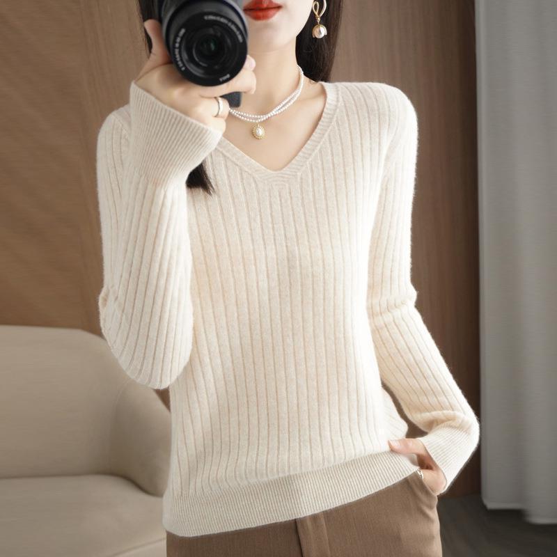 Women Sweater 2023 Autumn Winter Warm Pullover V-neck Stripe Slim Bottoming Shirts Long Sleeve Causal Korean Office Knit Jumper