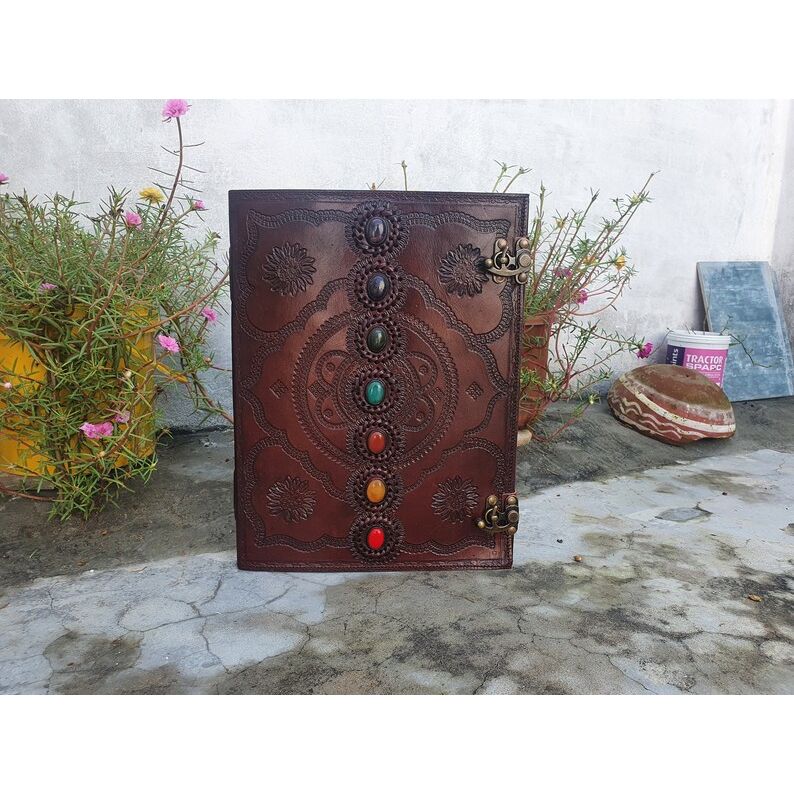 New Large Seven Stone Leather Journal, Book of Shadows, Journal, Wedding Guest Book, Leather Grimoire, Travel Notebook Gift for Him Her Gifts