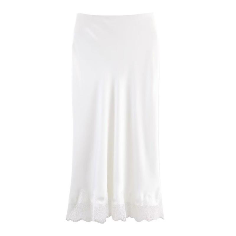 Womens Satin Midi Skirt Lace Trim Straight Fit Elegant Office Wear