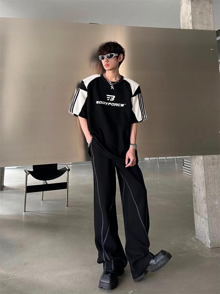 Унисекс футболка с цветными блоками и подплечниками - Мужской повседневный летний топ свободного кроя с коротким рукавом