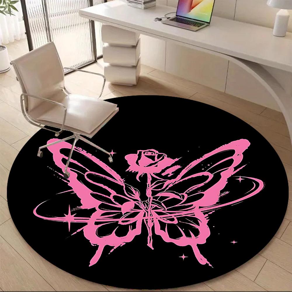 1PC Butterfly Rose Pattern Office Round Area Rug, Mat Suitable For Office, Under Office Chairs Bedroom Living Room Home Decor, Room Deco