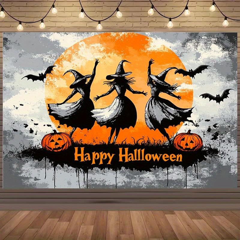 1 piece of Halloween background cloth including 3 witches full moon bats and pumpkin Halloween decorations easy to install