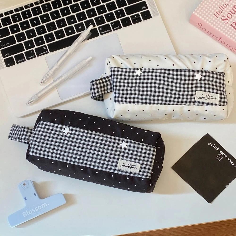 Polka Dot Star Plaid Cloth Pencil Case Large Capacity Pen Storage Bag Handheld Pencil Bag  Student