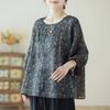 Round Neck Three Quarter Sleeve Top Autumn Artistic Cotton Linen Blouse Vintage Floral Print Tops Casual Shirt Top for Women