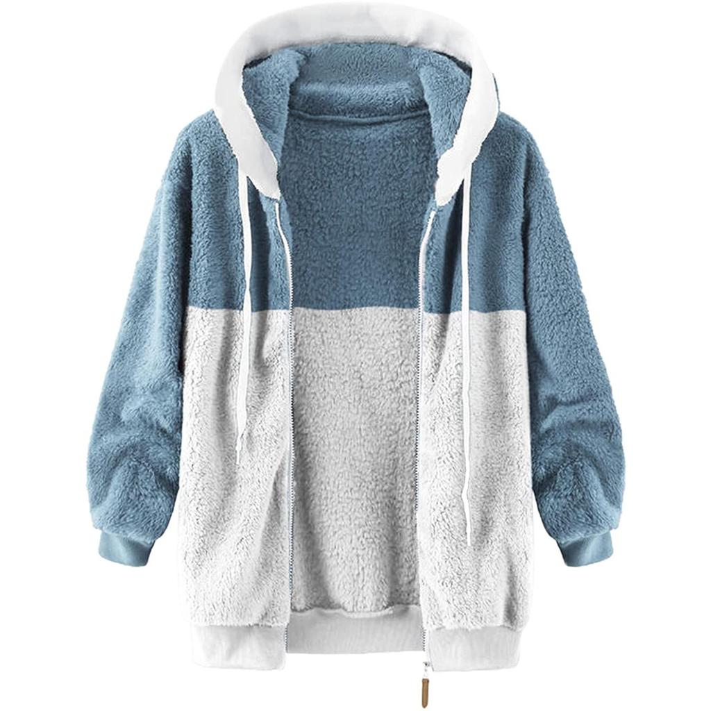 Женская свободная плюшевая куртка большого размера с разноцветными панелями на молнии с капюшоном