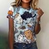Женская футболка, корейская одежда, модная верхняя одежда с круглым вырезом и коротким рукавом с кошачьим принтом, летняя свободная одежда, женская элегантная футболка