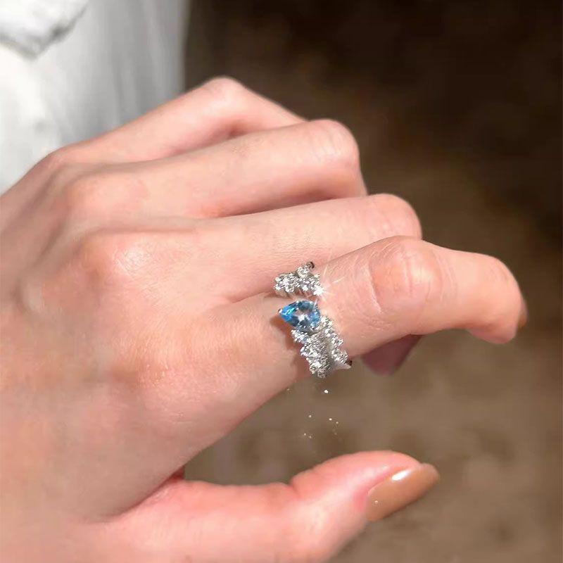 Blue Water Drop Zircon Open Ring for Women Exquisite Retro Irregular Adjustable Finger Ring Sweet Casual Versatile Jewelry Gift