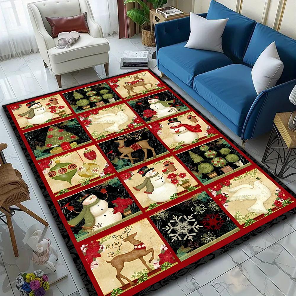 "Festive Christmas Snowmen and Reindeer Design" Patterned carpet, suitable as a non slip play mat for the living room and bedroom sofa