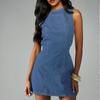 Womens Denim Midi Dress With Back Tie Detail High-Waisted Sleeveless Round Neck Jean Street Style