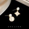 French small fragrant four-leaf clover pearl earrings women's light luxury high-end ear jewelry Fritillary asymmetrical temperament stud earrings